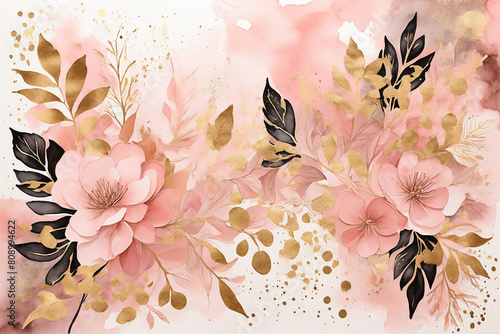 Watercolor floral background with pink flowers and gold leaves. Hand painted illustration