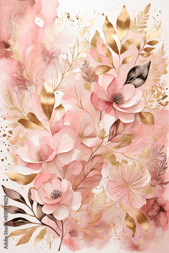 Watercolor floral background with pink flowers and gold leaves. Watercolor botanical illustration.