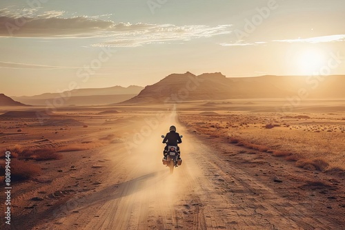 lone motorcyclist riding through vast arid desert landscape at sunset atmospheric adventure travel photography © furyon
