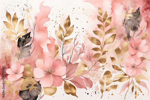 Watercolor floral background with pink and gold flowers and leaves. Hand drawn illustration