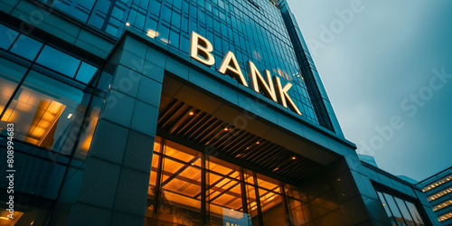 Modern bank building with illuminated sign in the evening