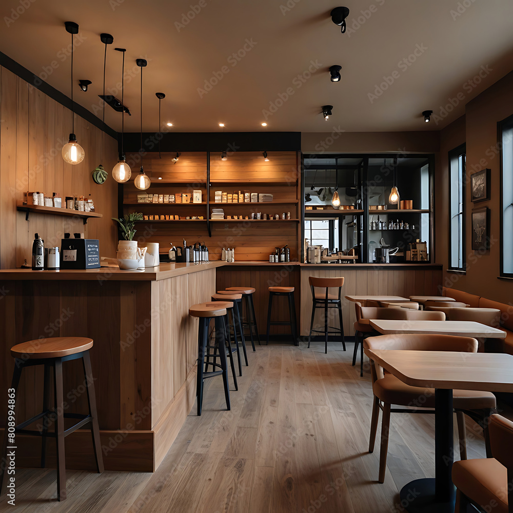 The Interior design of cafe with wooden style, adorned with warm and cozy tones,