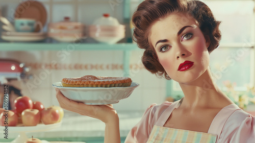 Retro vintage candy coloured 1950s housewife, immaculate but sad and vacant, robotic, offering pie, desperate housewives photo