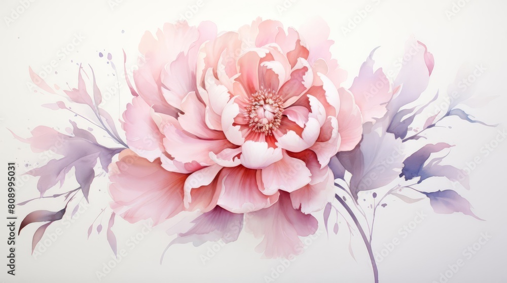 A beautiful watercolor painting of a peony in full bloom