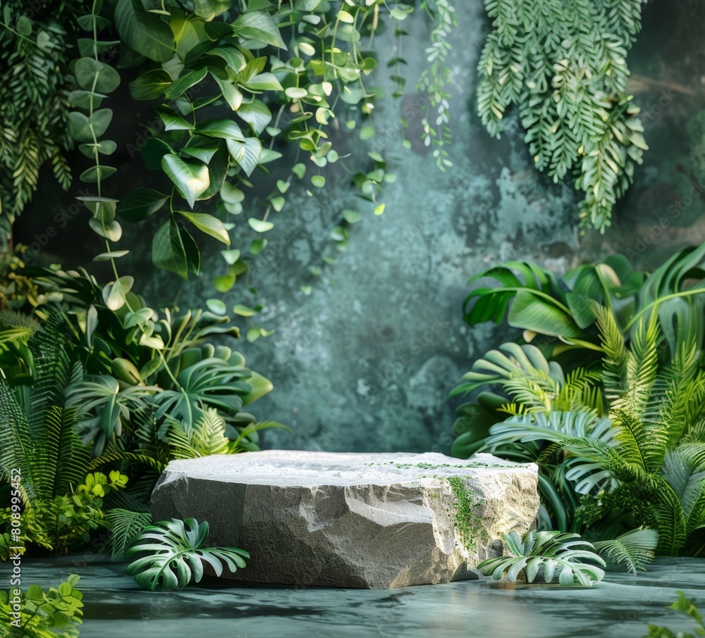 Marble Podium Adorned with Overlapping Plant Leaves. Tropical green Minimalistic Product Background with Abundant Plants. Marble Podium Adorned with Overlapping Plant Leaves. Tropical green Minimalistic Product Background with Abundant Plants.