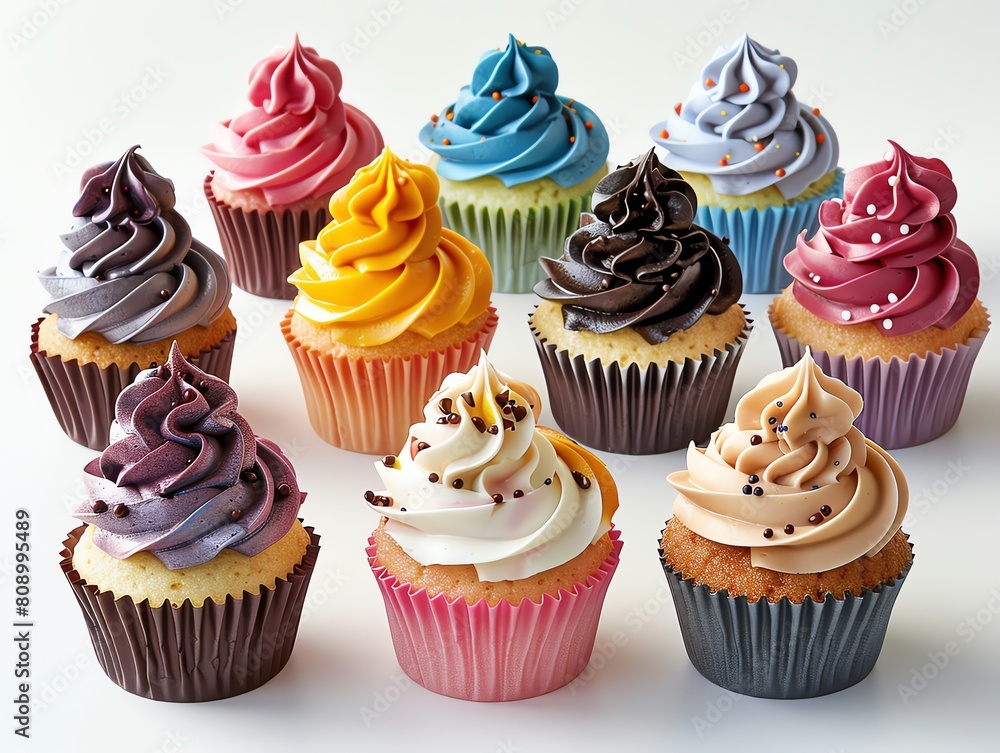 Elegant assortment of cupcakes with silky, richly colored icing, each set against a contrasting bright white space