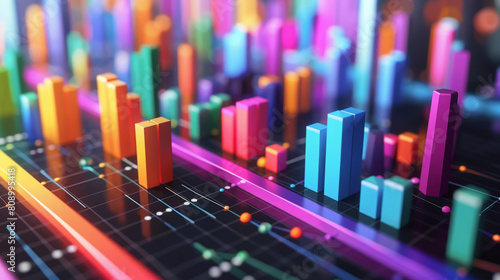 Vivid 3D illustration of colorful graph bars on a digital display, representing dynamic data visualization in a modern tech environment. 