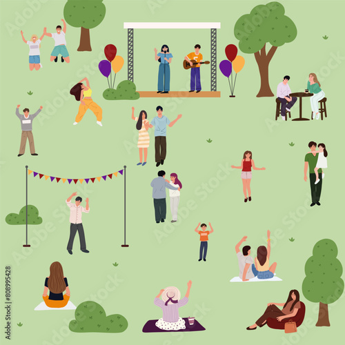 Music festival, open-air concert with outdoor stage. Young people sitting on grass in park, having picnic Crowd at summer concert in nature for adults and children.