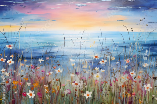 hopeful ocean amid wildflowers. abstract landscape painting, generative ai photo