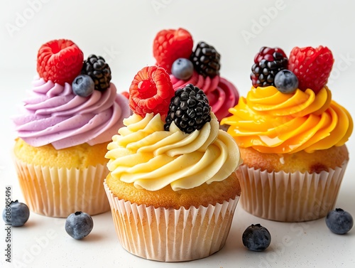 Delightful vegan cupcakes featuring bright natural colors and fruit toppings, fresh and appealing on white