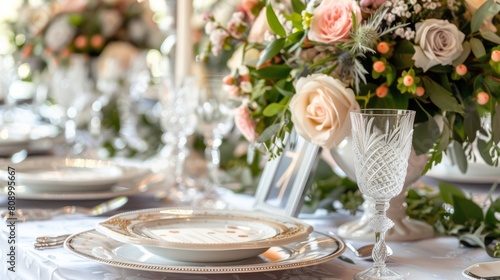 Wedding reception table setting with sparkling glassware and plates, beautiful flowers in luxury vases, with copy space