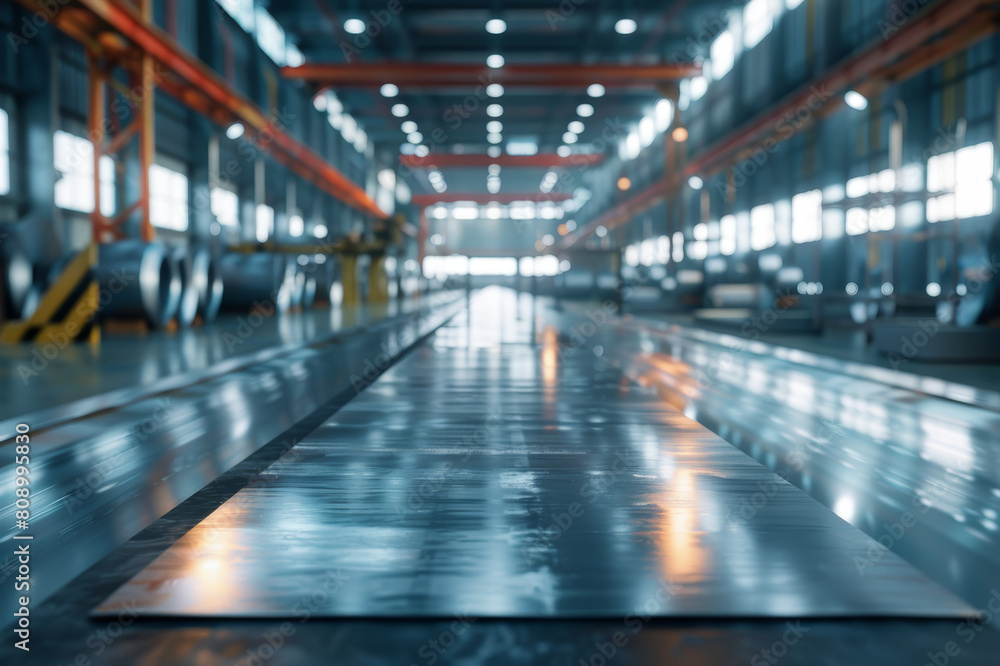 Steel sheet production line with shiny, smooth steel sheets emerging under bright factory lights. AI generated. Steel sheet production line with shiny, smooth steel sheets emerging under bright factory lights. AI generated.