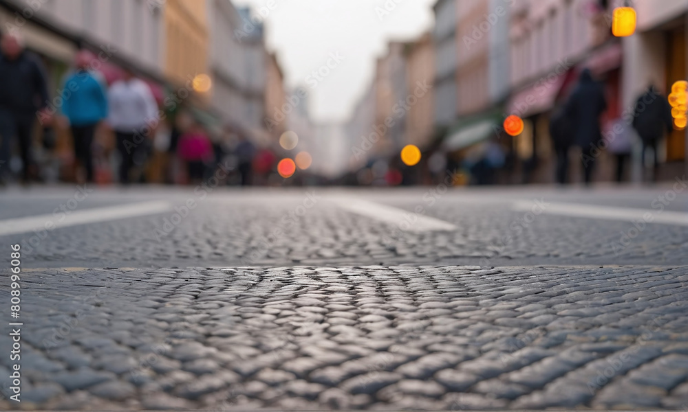 The street of the old town. Shops, signs, people going about their business, city life. An empty road. Have a nice day