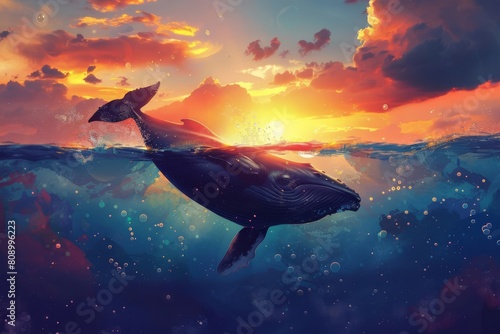 majestic whale silhouette swimming in vibrant sunset ocean digital illustration © furyon