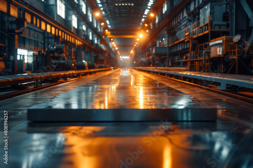 Steel sheet production line with shiny  smooth steel sheets emerging under bright factory lights. AI generated.