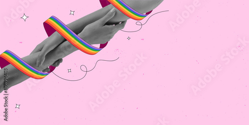 Unity and freedom. Human hands holding with colorful rainbow string around hands against pink background. Contemporary art collage. LGBT, equality, pride month, support, love, human rights concept