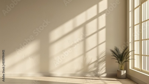 Shadow on white wall with empty table for product presentation  minimal  copy space texture background.