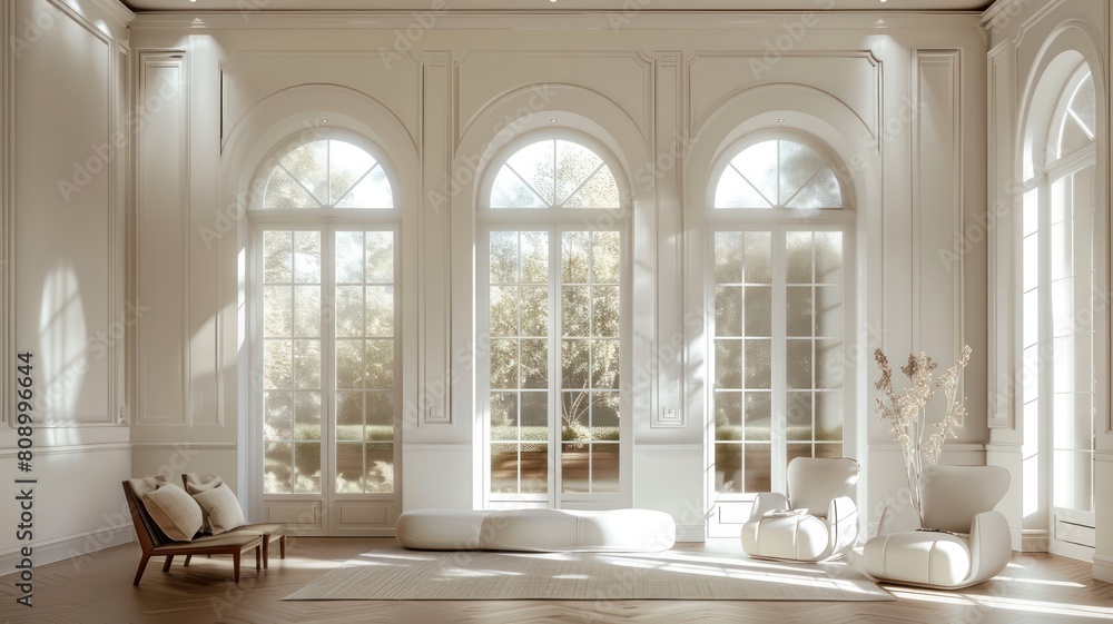 Interior design, white, neo classical style with arched windows texture background.