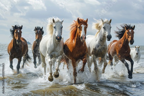joyful image of a herd of white and brown horses running through the river  sea  beach  water  dynamic angle  