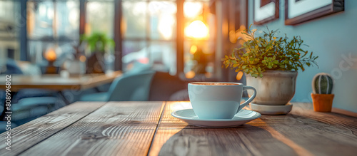 Cozy café setting with a beautifully crafted cup of coffee on a rustic wooden table, bathed in warm morning sunlight filtering through the window photo