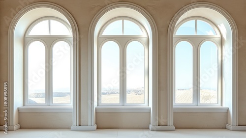 Interior design  white  neo classical style with arched windows texture background.