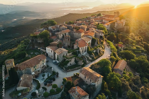 picturesque medieval hilltop village in southern europe at golden hour aerial drone photography photo