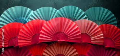 Oriental paper fans background. Colorful Japanese backdrop