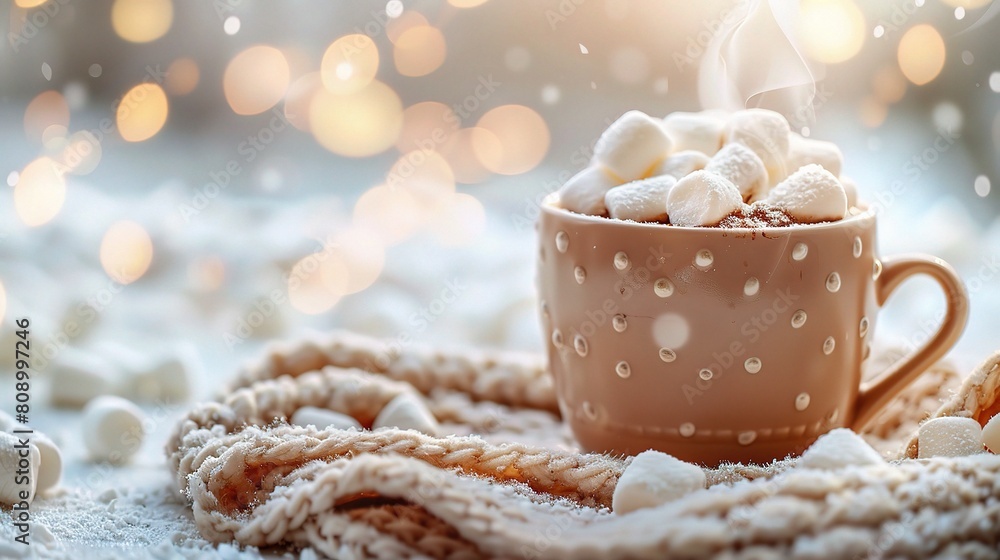 steaming cup of hot cocoa with marshmallows on a cold winter day steaming cup of hot cocoa with marshmallows on a cold winter day