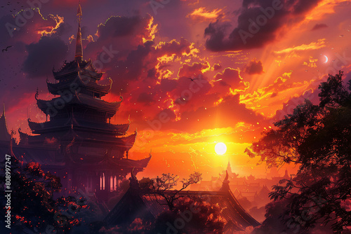 anime scenery of a pagoda with a sunset in the background