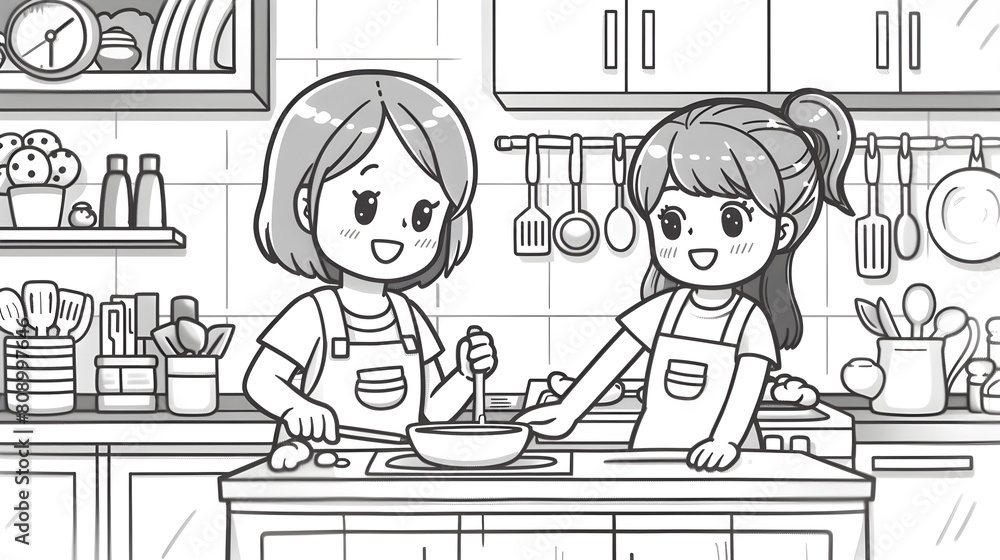 Cute Mother and Daughter Cooking Together in Kitchen with Simple Coloring Page Style Cute Mother and Daughter Cooking Together in Kitchen with Simple Coloring Page Style