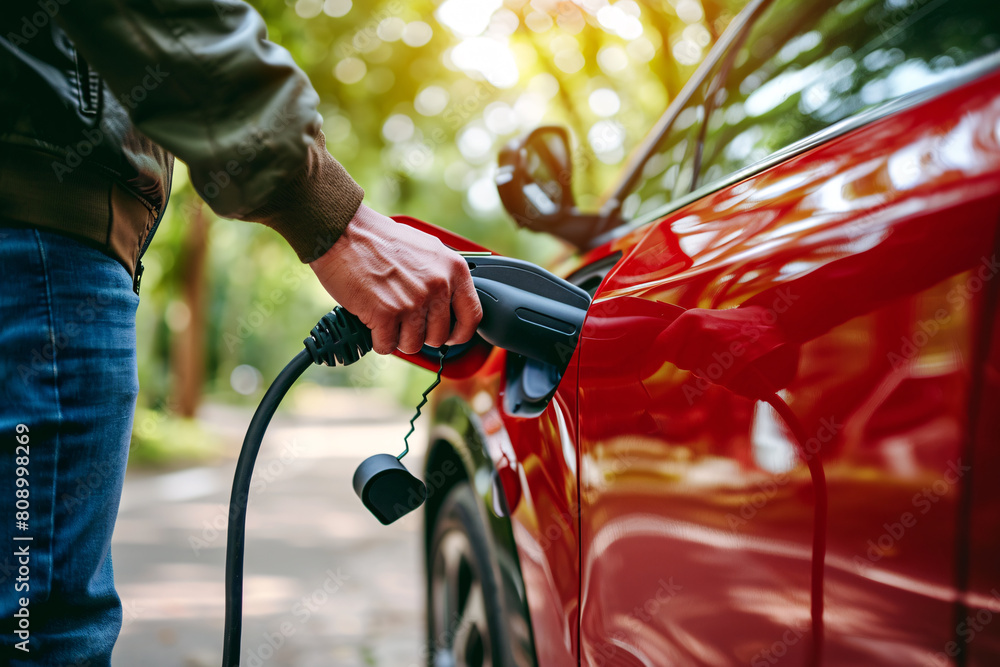 A man is plugging in electric car into a charging station. Charge EV battery at charging point. Sustainable energy. Electric vehicle infrastructure for green transportation. Zero-emission mobility. A man is plugging in electric car into a charging station. Charge EV battery at charging point. Sustainable energy. Electric vehicle infrastructure for green transportation. Zero-emission mobility.