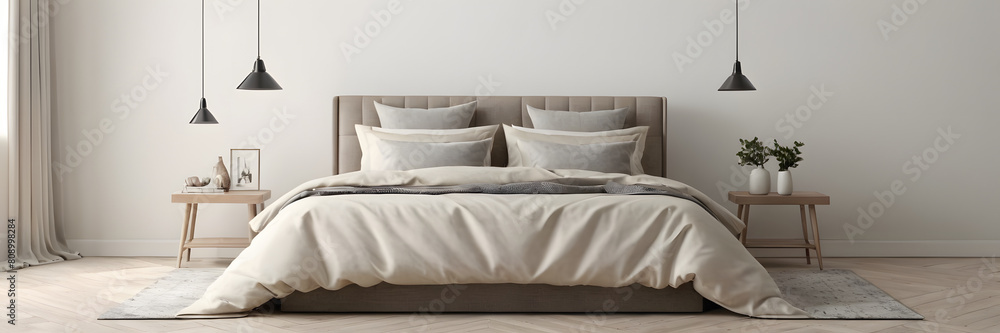 Beige bed decor and grey pillows against empty white wall background. Minimalist style home interior design of modern living room Beige bed decor and grey pillows against empty white wall background. Minimalist style home interior design of modern living room