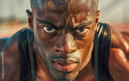 Close-up of a muscular black sprinter, his face beaded with sweat