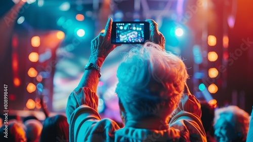 The excitement of seniors attending virtual concerts and live events from the comfort of their own homes, embracing entertainment technology.