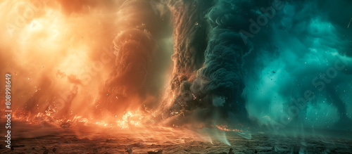 Vivid concept illustration of a cataclysmic event showing planetary devastation with extreme contrasts between fiery and icy forces of nature photo