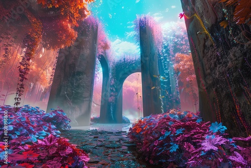 Create a digital painting of a lush, overgrown alien landscape with vibrant colors and a sense of mystery
