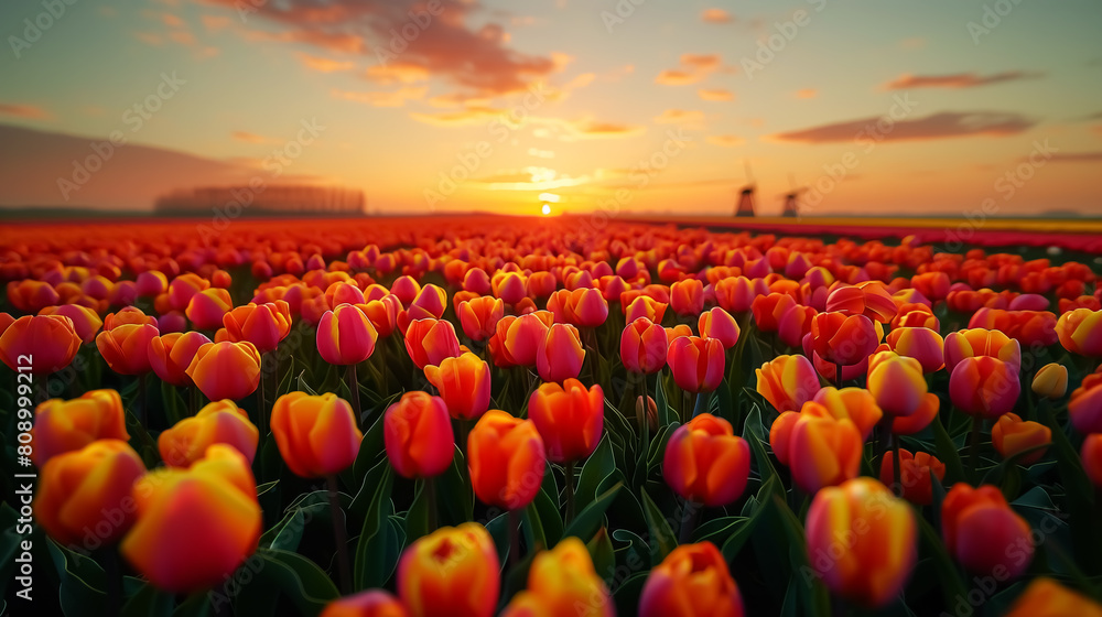 landscape with tulip field at sunrise, tulips bloom in farm at sunset, flowers in nature. 4K Wallpaper and Background for desktop, laptop, Computer, Tablet, Mobile Cell Phone, Smartphone, Cellphone