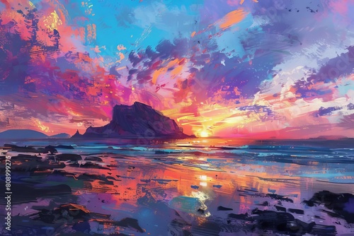 scenic illustrated view of rocky island beach with vibrant sunset skies digital landscape painting