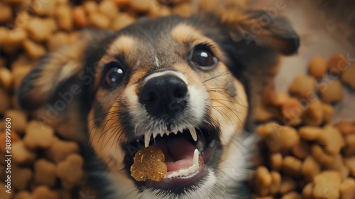 a playful puppy gnawing on a hard kibble with its sharp incisors, eagerly devouring its meal photo