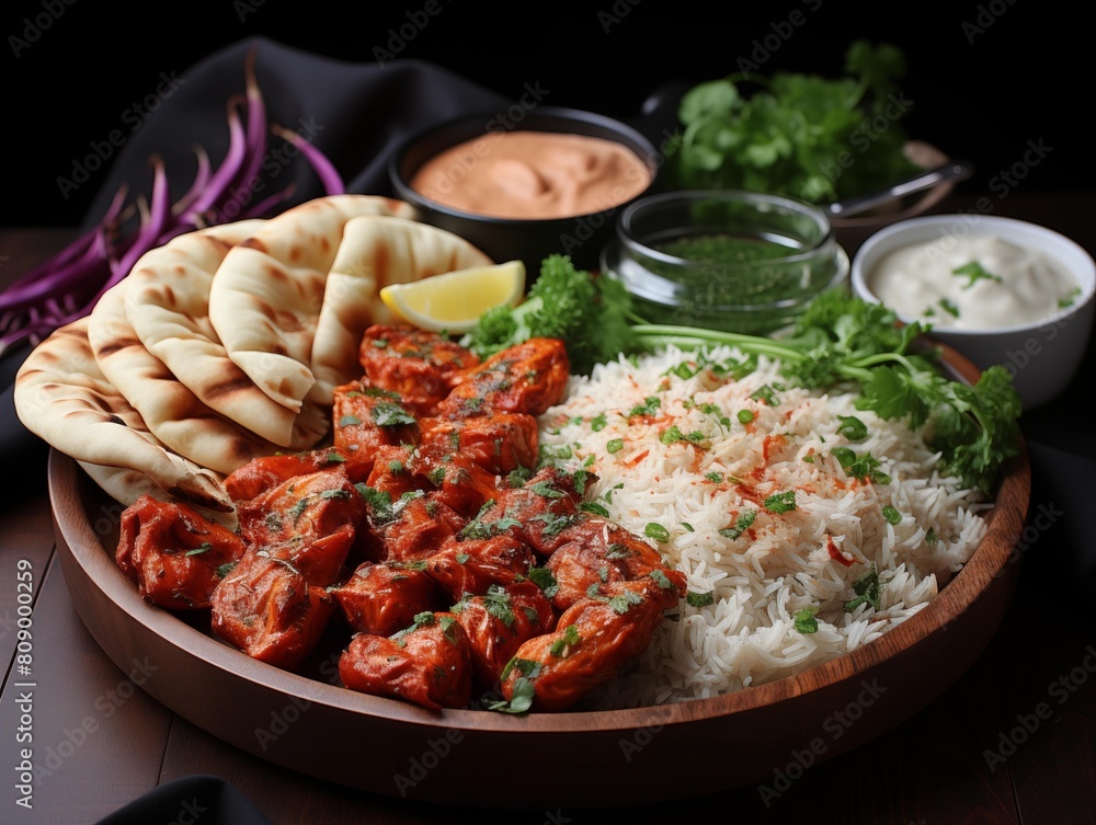 Dinner is served with spicy chicken tikka and sides on a wooden table.