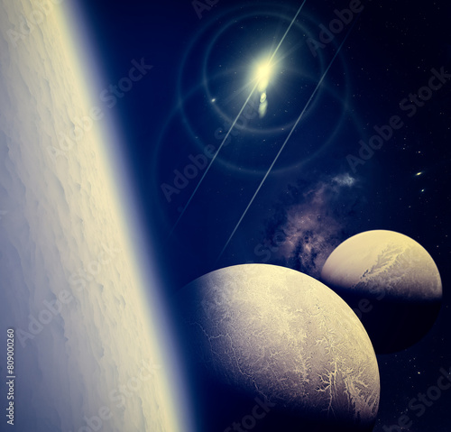 Sci-fi landscape. Exoplanet seen from one of its moons. Satellites of an extraterrestrial planet. Clouds and atmosphere of a moon near a planet. 3d rendering