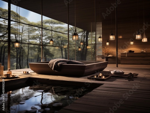 A Serene Evening in a Forest-view Spa