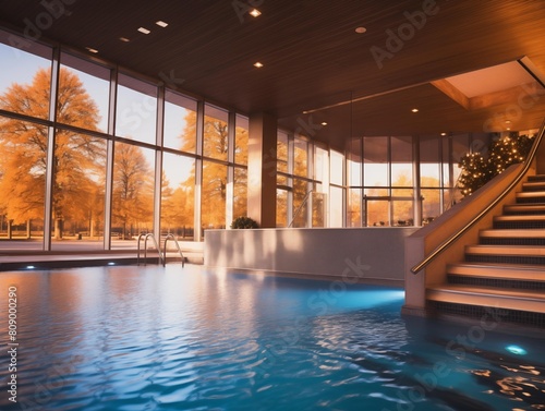 A Serene Indoor Pool Overlooking Autumn Trees at Dusk © P-O-P