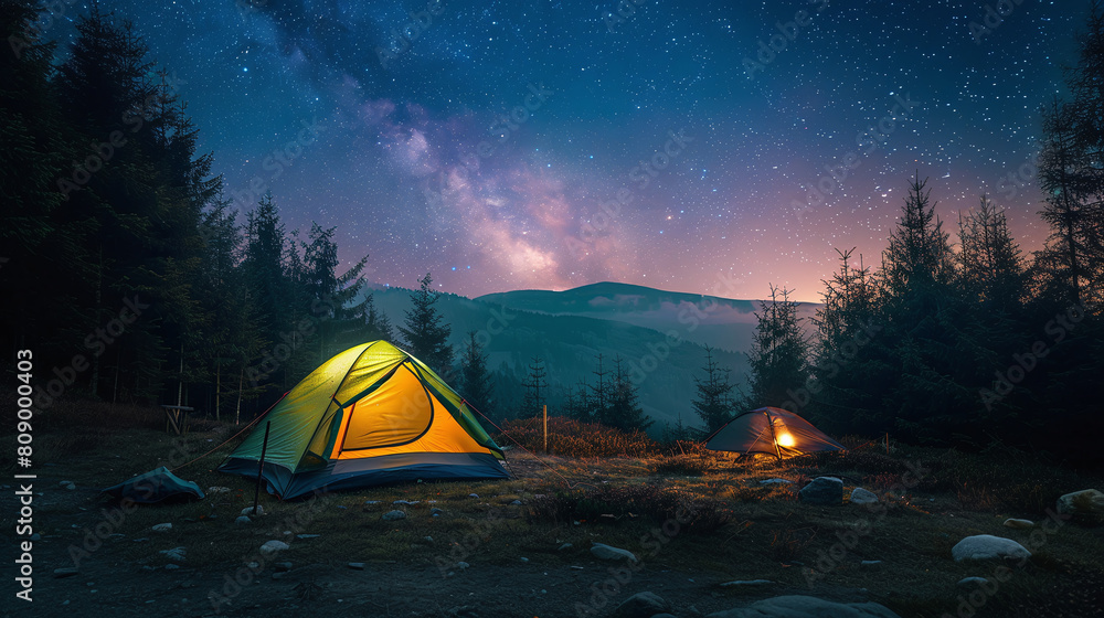 illuminated camping tent in the woods at night, off-grid vacation, wild lifestyle, pure nature contemplation