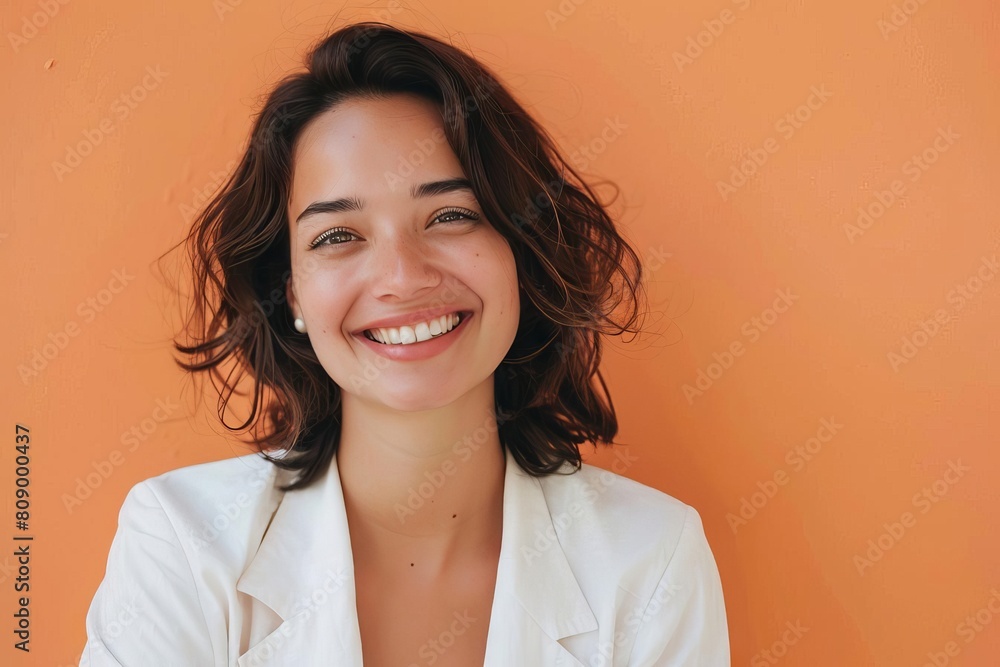 Smiling Caucasian woman 30-35 years old, white clothing, plain orange background, text space on the side, portrait
Smiling Caucasian woman 30-35 years old, white clothing, plain orange background, text space on the side, portrait