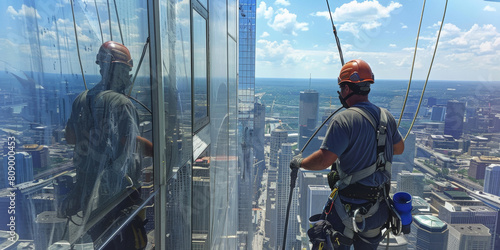 Professional high rise window cleaning service workers. City landscape.