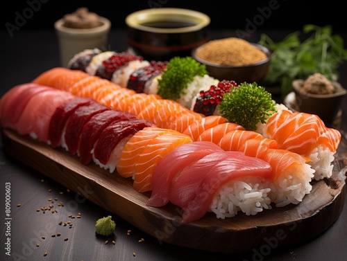 Chef presents assorted sushi on a wooden board, evening in a restaurant