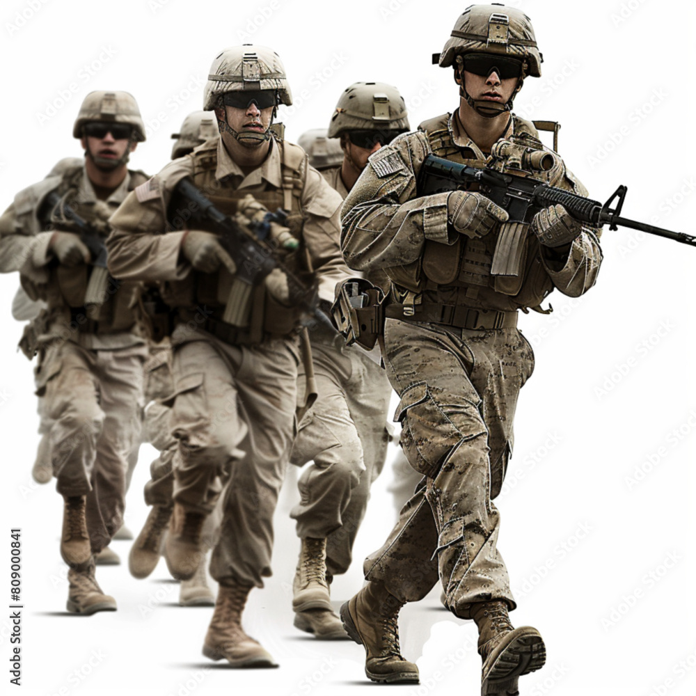 Realistic US Army soldiers, men, in camouflage combat uniform. Isolated vector. Realistic US Army soldiers, men, in camouflage combat uniform. Isolated vector.