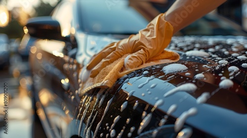 Close-up of Gloved Hand Cleaning and Polishing Shiny Automobile © pkproject