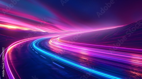 Mesmerizing Futuristic Road Against a Vivid Violet and Blue Backdrop with Luminous Neon Lights and